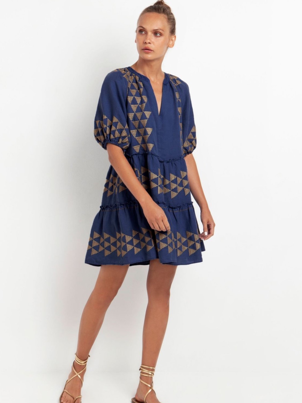 Greek Archaic Kori Linen Arrow Embroidered Mini Dress Blue Gold Size Large